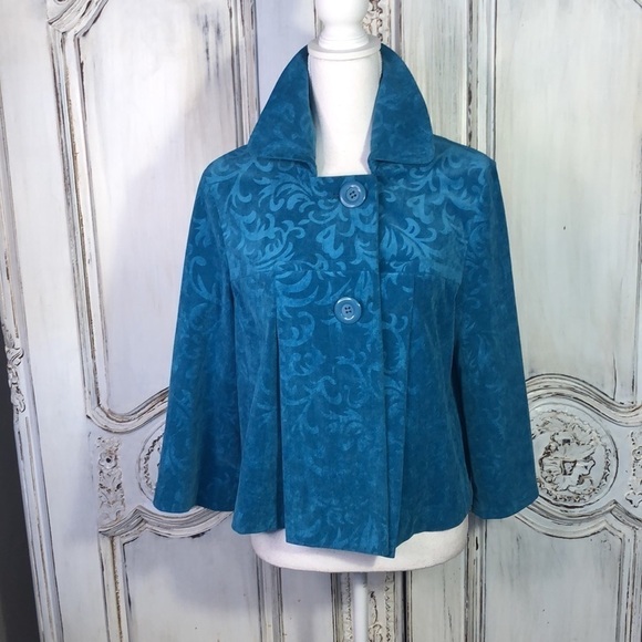 R. Q. T. Vintage Look Embossed Turquoise Lightweight Corduroy Cropped Jacket - Picture 3 of 13